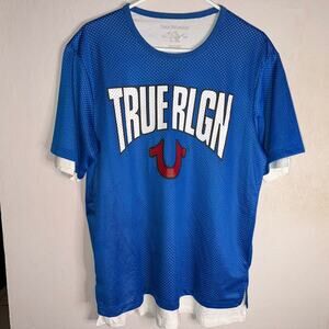 True Religion Women's Mesh Logo T-Shirt Size L Blue Lined Jersey